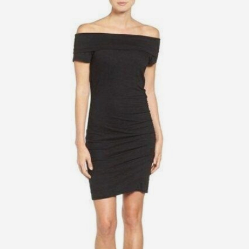 Pam & Gela Off the Shoulder Black Dress Side Ruching Size Small NWT Baddie